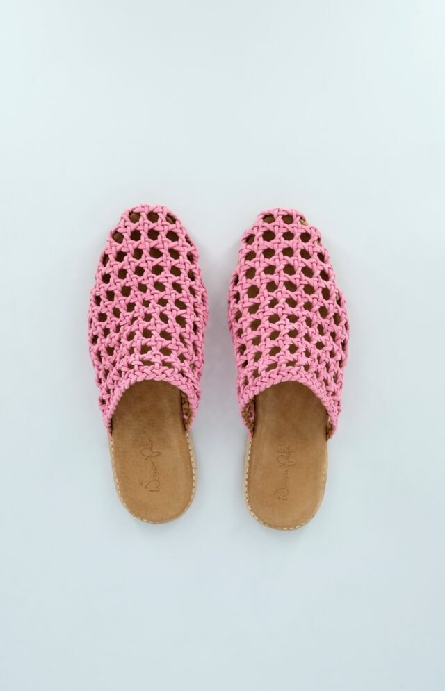 The Rosette Mules Pink Sheepskin Suede - Woven Palm