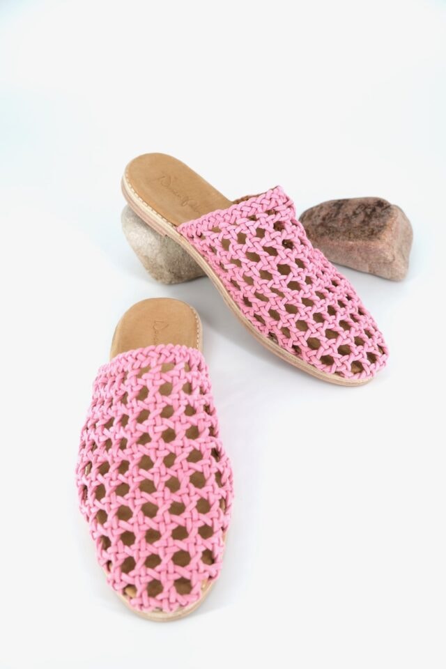 The Rosette Mules Pink Sheepskin Suede - Woven Palm