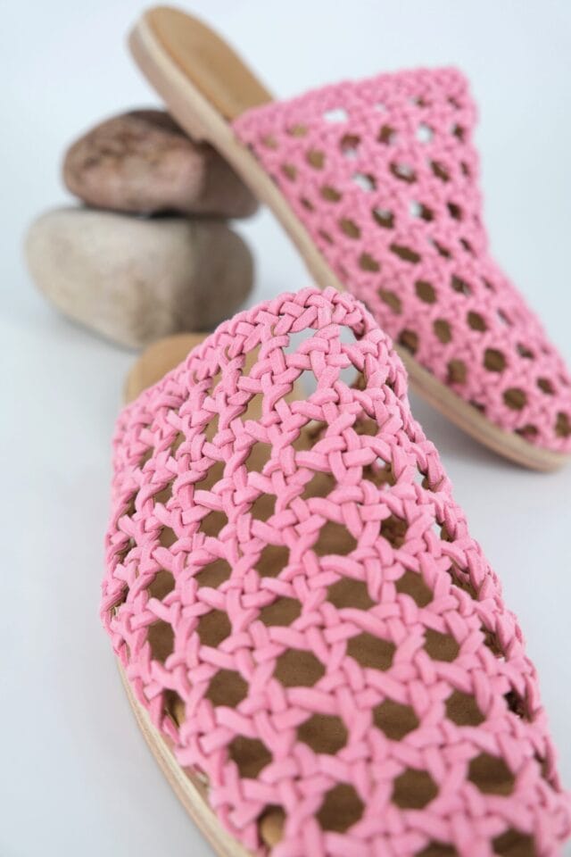 The Rosette Mules Pink Sheepskin Suede - Woven Palm