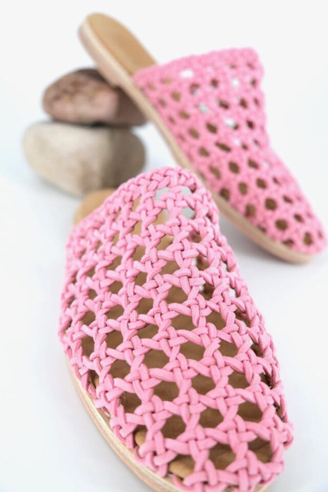 The Rosette Mules Pink Sheepskin Suede - Woven Palm