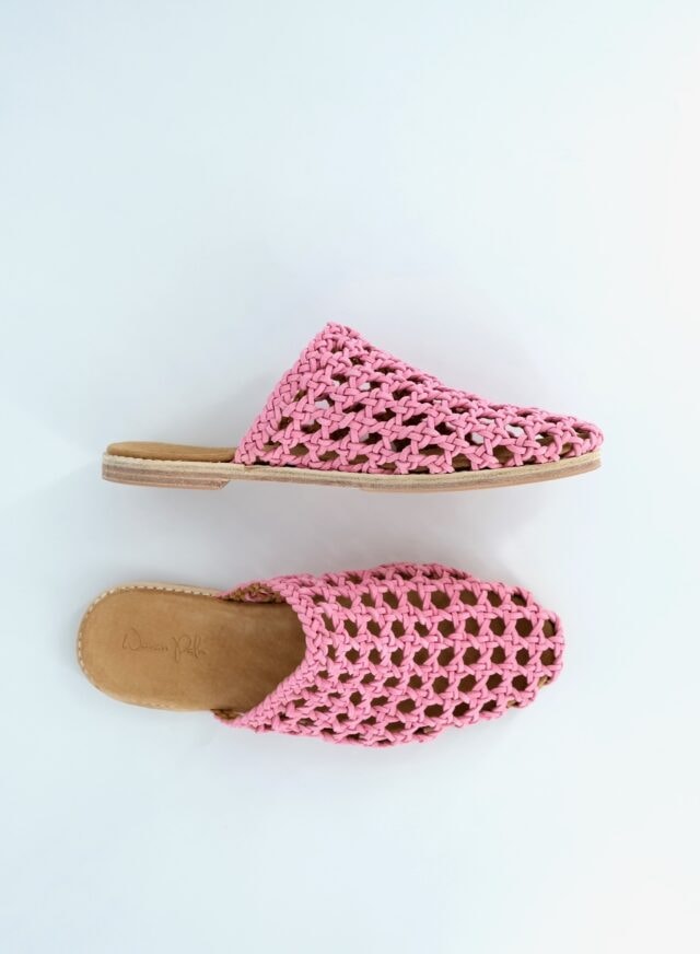 The Rosette Mules Pink Sheepskin Suede - Woven Palm