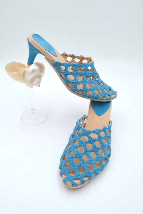 The Rosette Kitten Heel Ocean Blue Suede