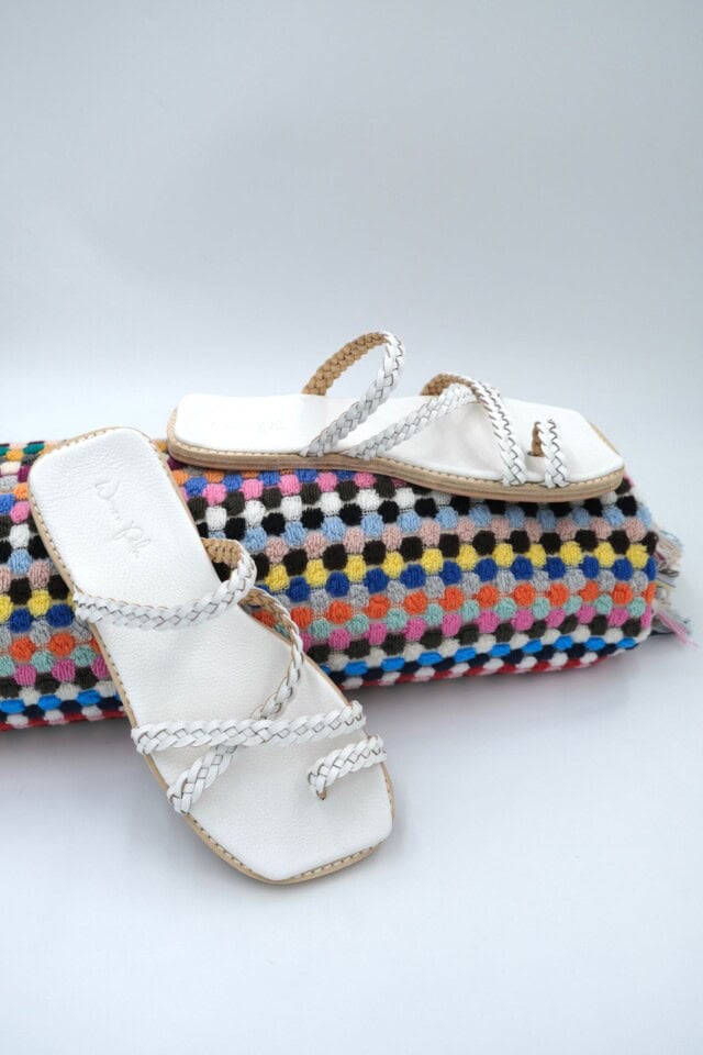 The Holiday Slide White Leather - Woven Palm