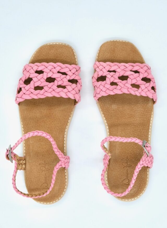 The Floral Weave Sandal Pink Sheepskin Suede - Woven Palm