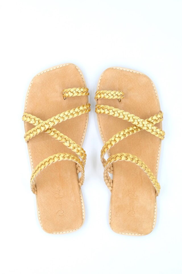 The Holiday Slide Gold Sheepskin Leather - Woven Palm