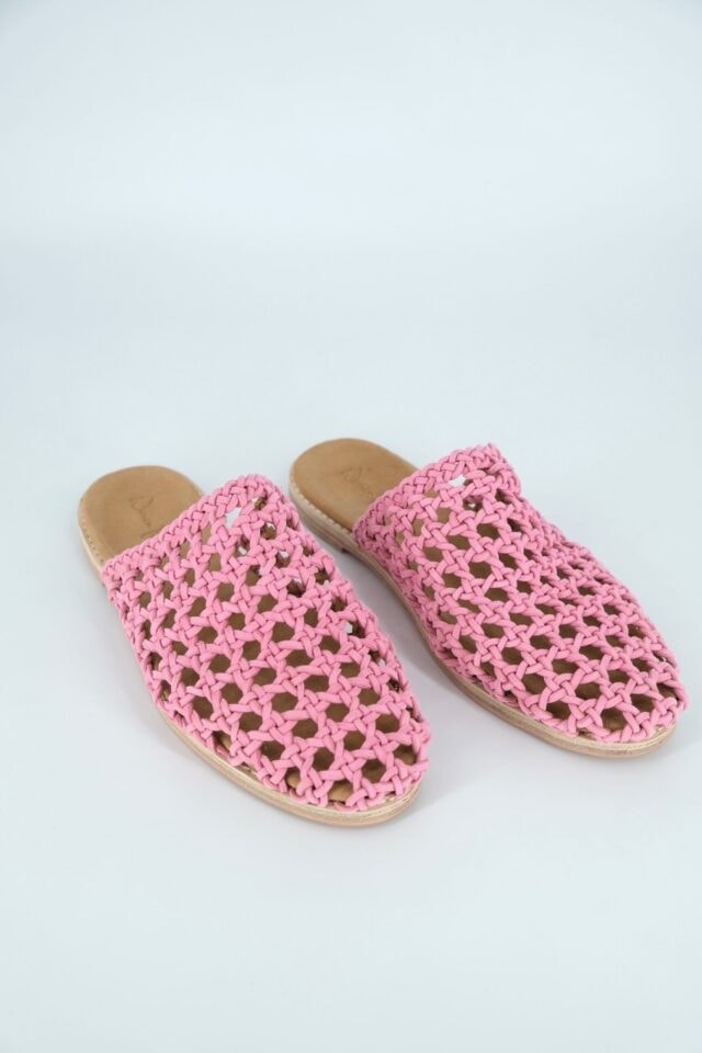 The Rosette Mules Pink Sheepskin Suede - Woven Palm