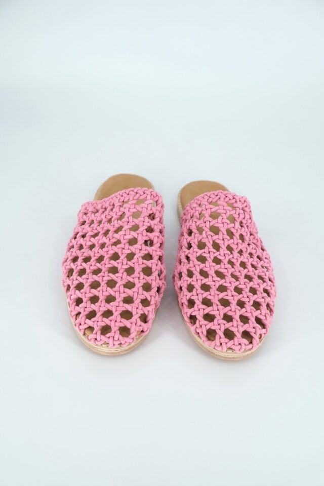 The Rosette Mules Pink Sheepskin Suede - Woven Palm