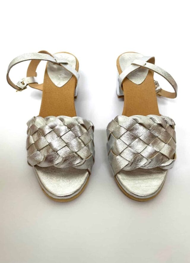 The Coronado Mid Heel Silver Sheepskin Leather - Woven Palm