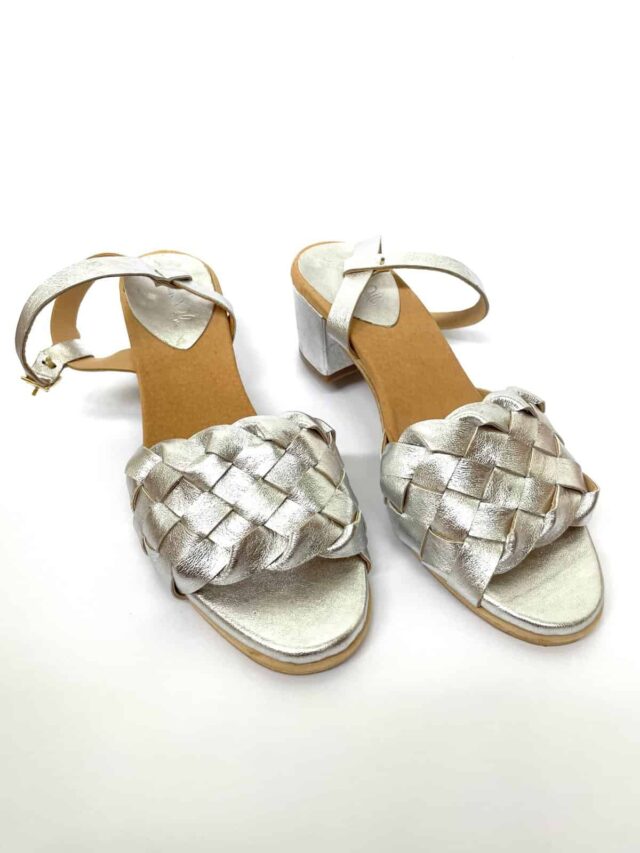 The Coronado Mid Heel Silver Sheepskin Leather - Woven Palm