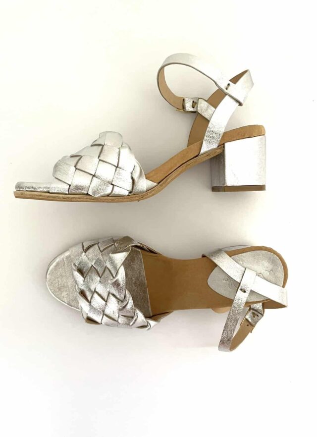 The Coronado Mid Heel Silver Sheepskin Leather - Woven Palm