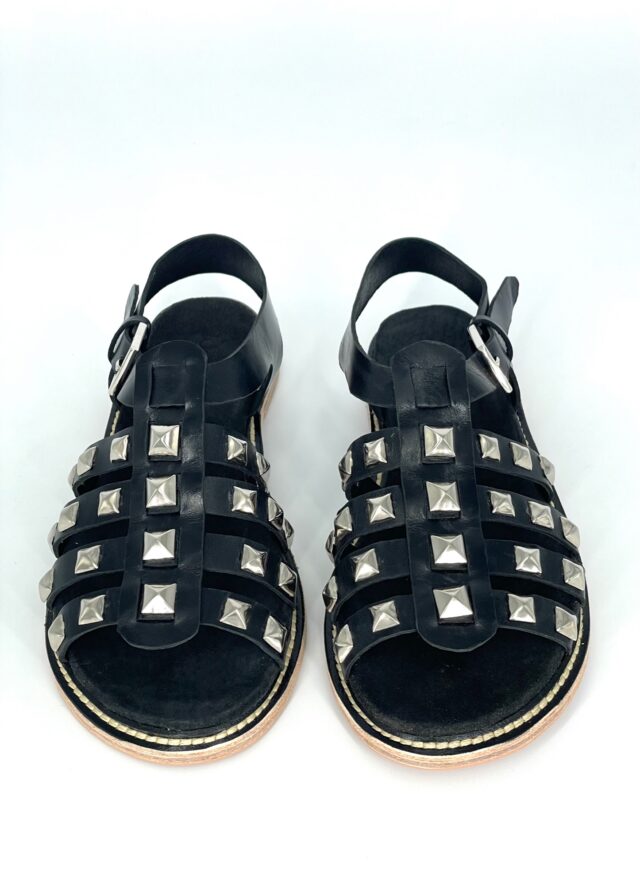 The Inca Sandal Black Leather with Studs - Woven Palm