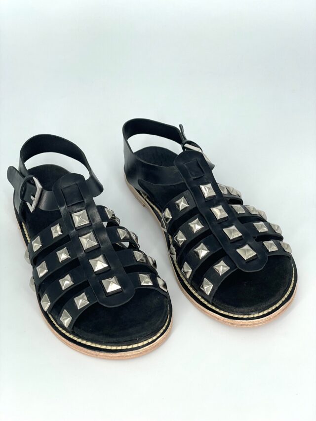 The Inca Sandal Black Leather with Studs - Woven Palm