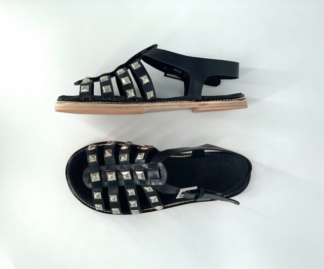 The Inca Sandal Black Leather with Studs - Woven Palm