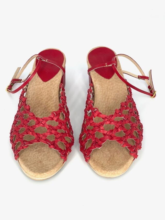 The French Rosette Mid-Heels Red Sheepskin - Woven Palm