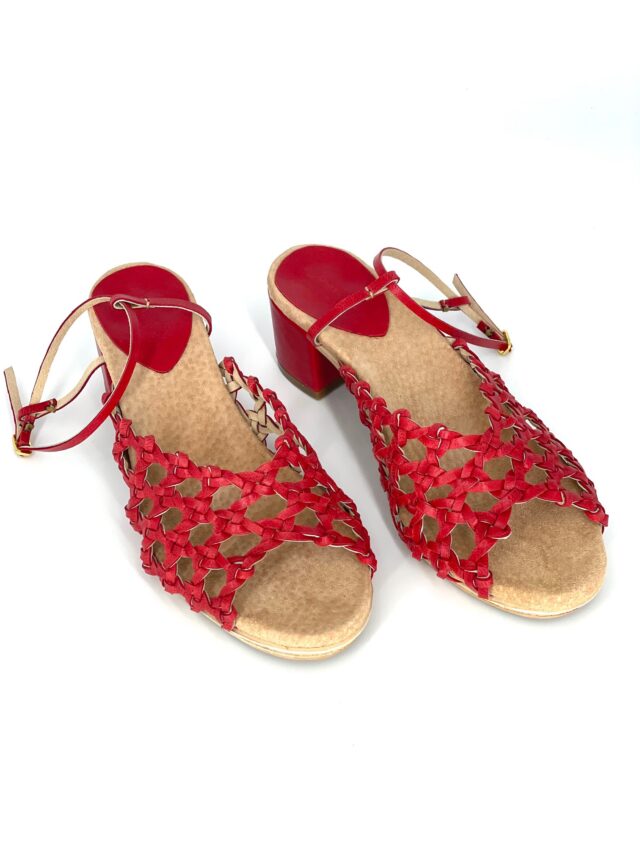 The French Rosette Mid-Heels Red Sheepskin - Woven Palm