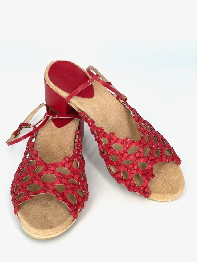 The French Rosette Mid-Heels Red Sheepskin - Woven Palm