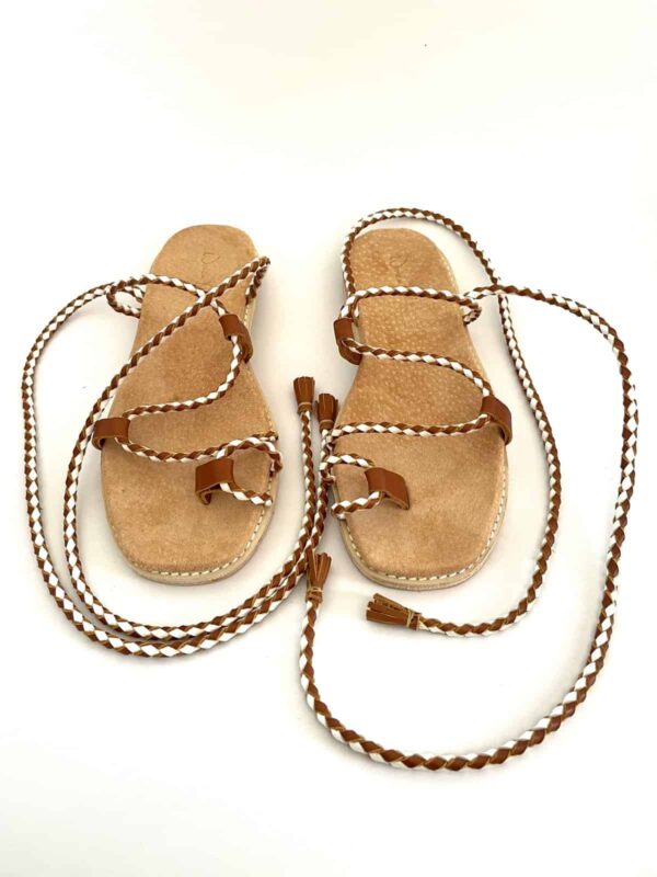 The Capri Ankle Tie Tan Cowhide & White Kid Leather - Image 3