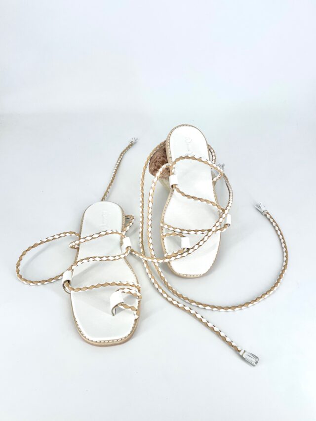 The Capri Ankle Tie Nude & White Cowhide Leather - Woven Palm