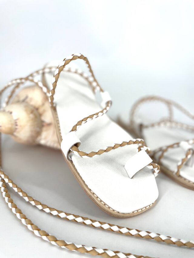 The Capri Ankle Tie Nude & White Cowhide Leather - Woven Palm