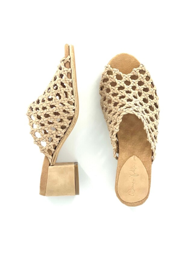 The Rosette Mule Mid-Heels Stone Suede - Woven Palm