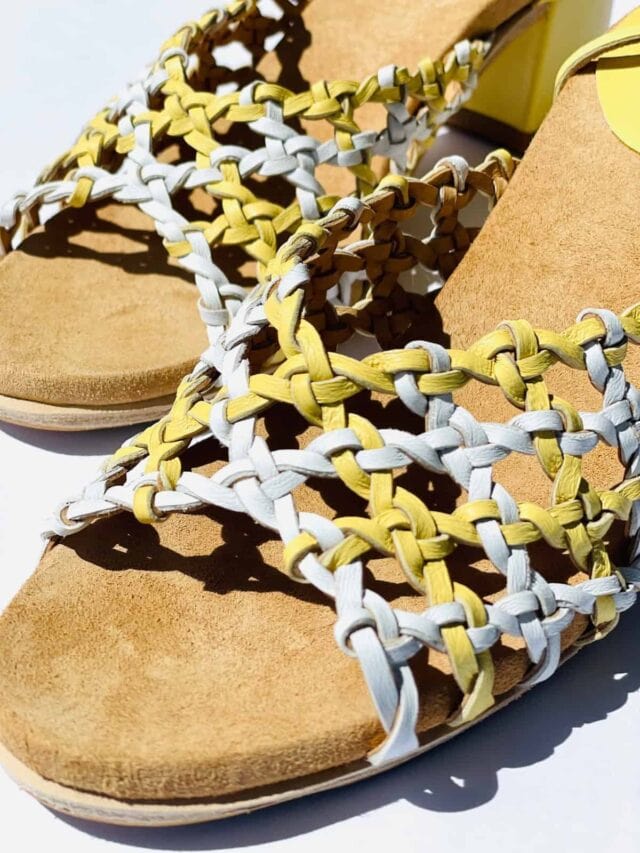 The French Rosette Mid-Heels Limoncello & White Sheepskin - Woven Palm