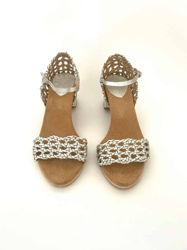 The Classic Rosette Mid-Heels Silver Sheepskin - Woven Palm