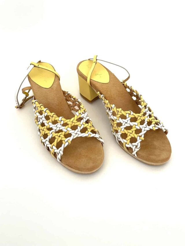 The French Rosette Mid-Heels Limoncello & White Sheepskin - Woven Palm