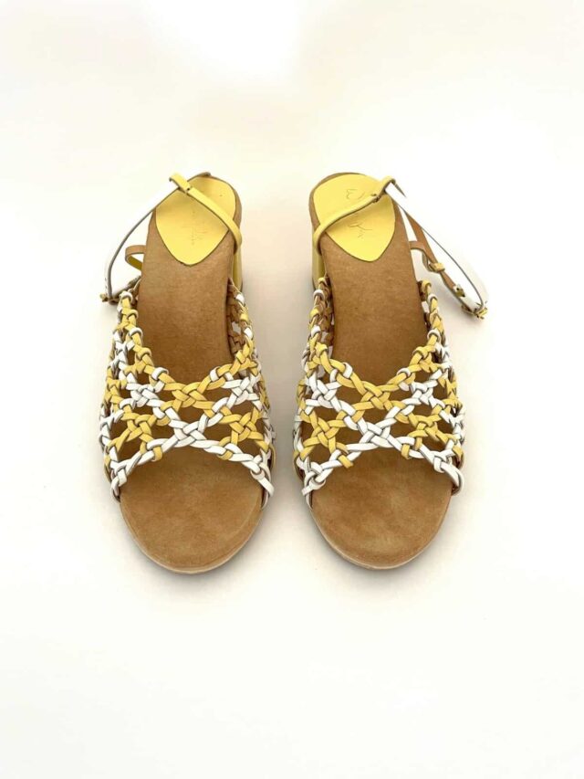 The French Rosette Mid-Heels Limoncello & White Sheepskin - Woven Palm