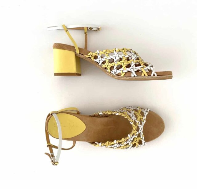 The French Rosette Mid-Heels Limoncello & White Sheepskin - Woven Palm